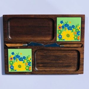 Vtg Mid Century Floral Cheese Board Hand Carved